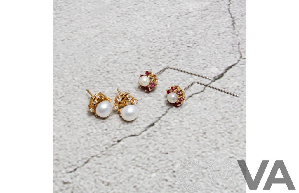 Prouds 9ct Freshwater 6.3mm Cultured Button Pearl Studs with 9ct Diamond & Ruby Halo Earring Sleeves, 2.75 Grams