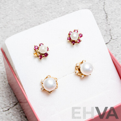 Prouds 9ct Freshwater 6.3mm Cultured Button Pearl Studs with 9ct Diamond & Ruby Halo Earring Sleeves, 2.75 Grams