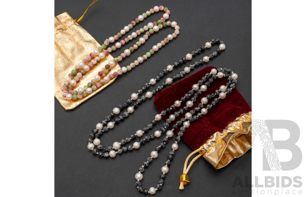 Cultured Pearl & Red Green & White Jade Beaded Necklace & Cultured Pearl & Jasper Beaded Necklace