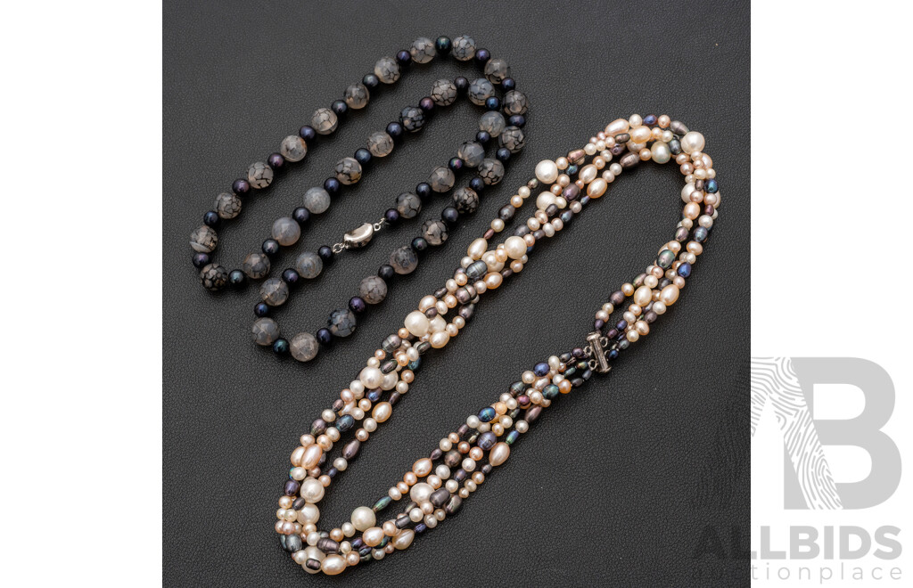 Cultured Pearl Multi Strand Necklace & Dragons Vein Agate and Cultured Pearl Beaded Necklace - Sterling Silver Clasps