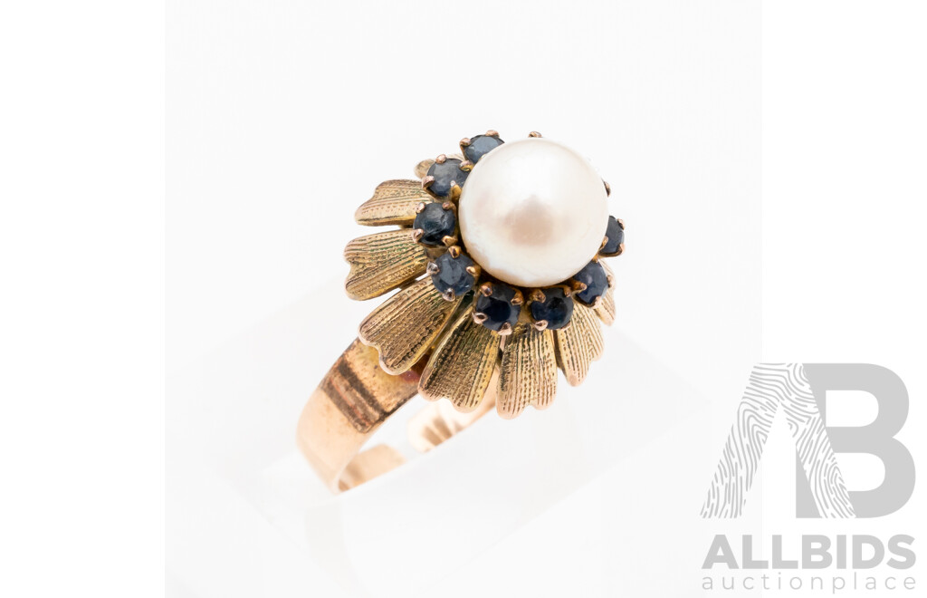 14ct Ornate Vintage Pearl & Sapphire Cocktail Ring, Size N with Adjustable Band, 4.43 Grams