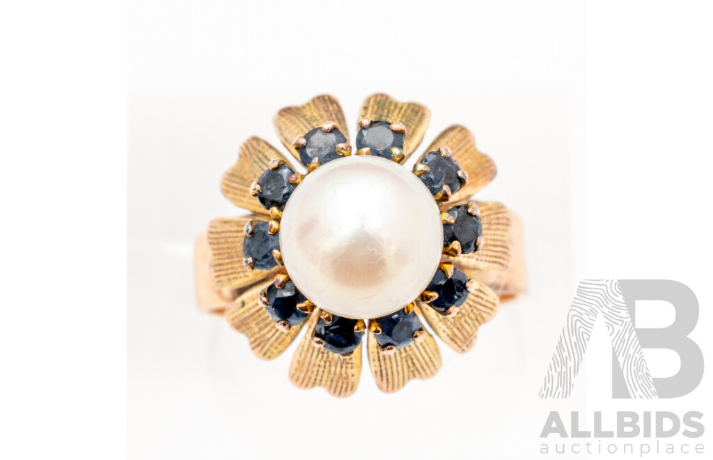 14ct Ornate Vintage Pearl & Sapphire Cocktail Ring, Size N with Adjustable Band, 4.43 Grams