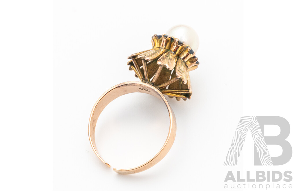 14ct Ornate Vintage Pearl & Sapphire Cocktail Ring, Size N with Adjustable Band, 4.43 Grams