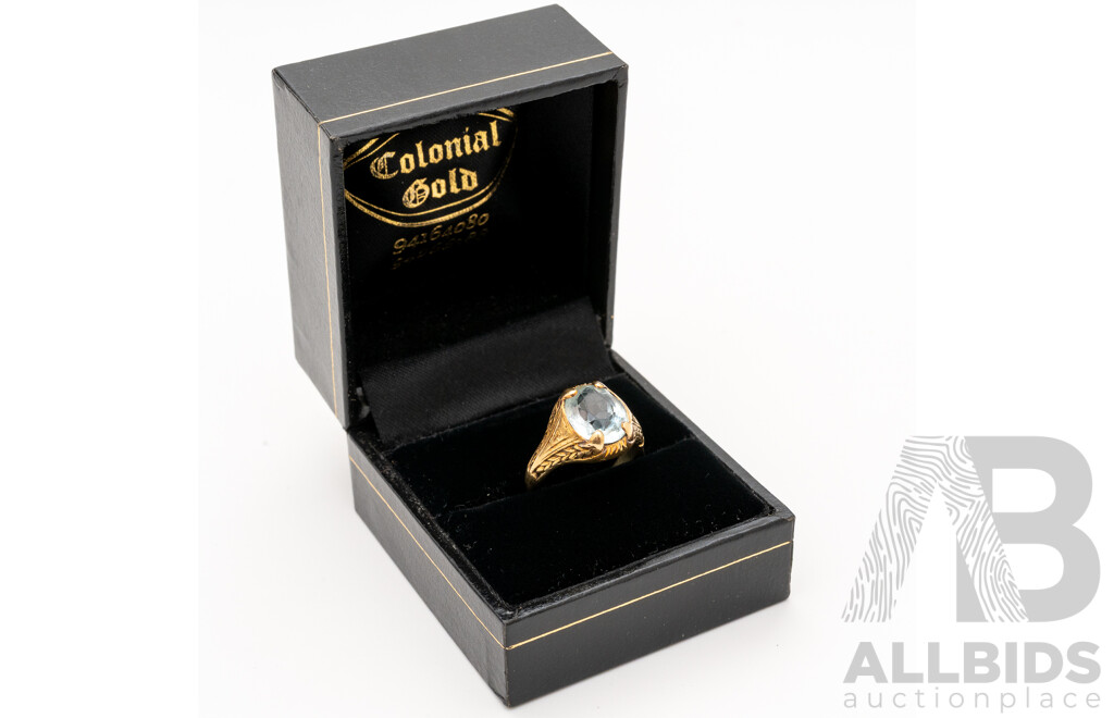 14ct Vintage Ornate Aquamarine Ring, Circa 1930's, Size I, 5.16 Grams