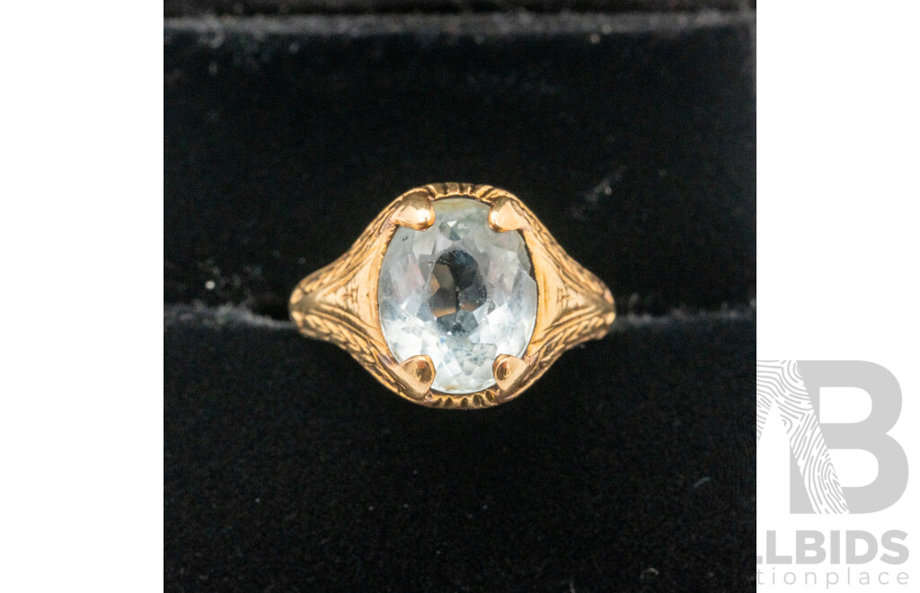 14ct Vintage Ornate Aquamarine Ring, Circa 1930's, Size I, 5.16 Grams