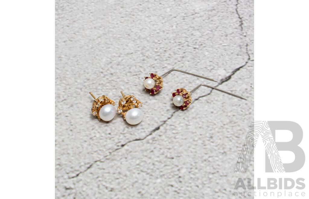 Prouds 9ct Freshwater 6.3mm Cultured Button Pearl Studs with 9ct Diamond & Ruby Halo Earring Sleeves, 2.75 Grams