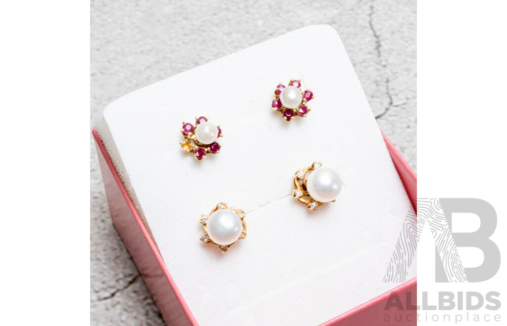 Prouds 9ct Freshwater 6.3mm Cultured Button Pearl Studs with 9ct Diamond & Ruby Halo Earring Sleeves, 2.75 Grams