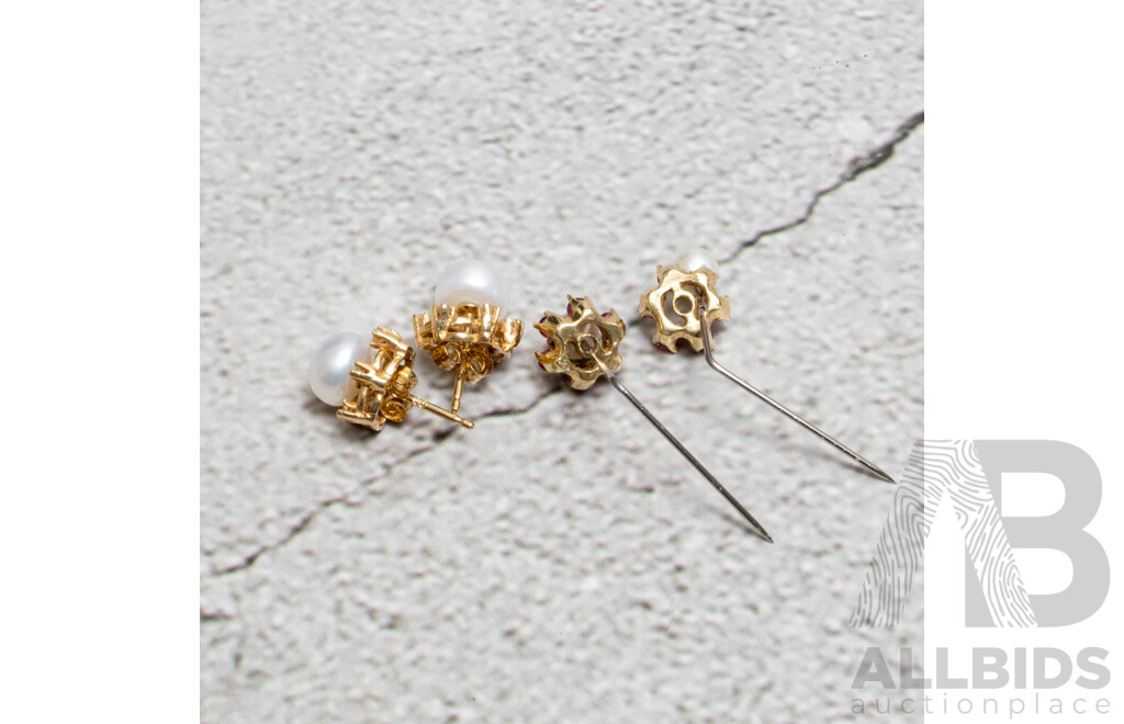 Prouds 9ct Freshwater 6.3mm Cultured Button Pearl Studs with 9ct Diamond & Ruby Halo Earring Sleeves, 2.75 Grams