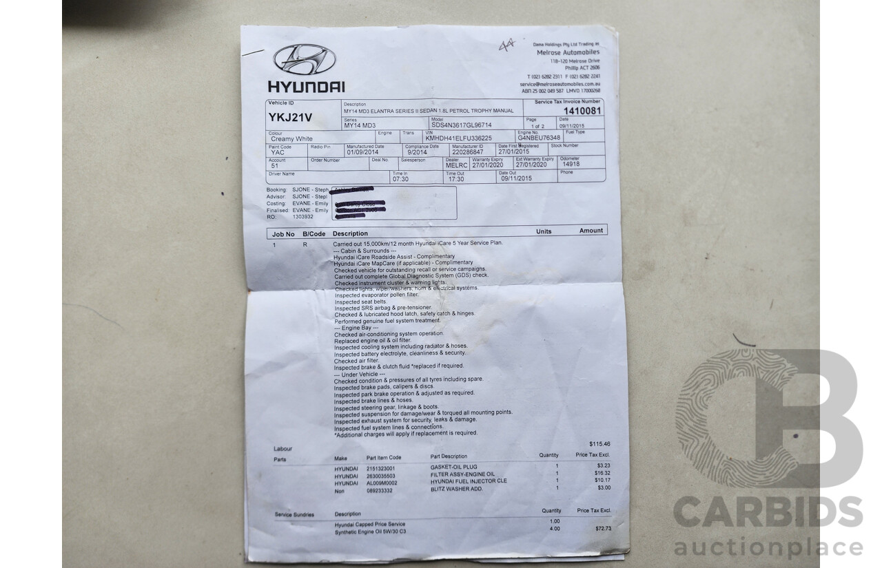 11/2014 Hyundai Elantra Trophy MD SERIES 2 (MD3) 4d Sedan White 1.8L