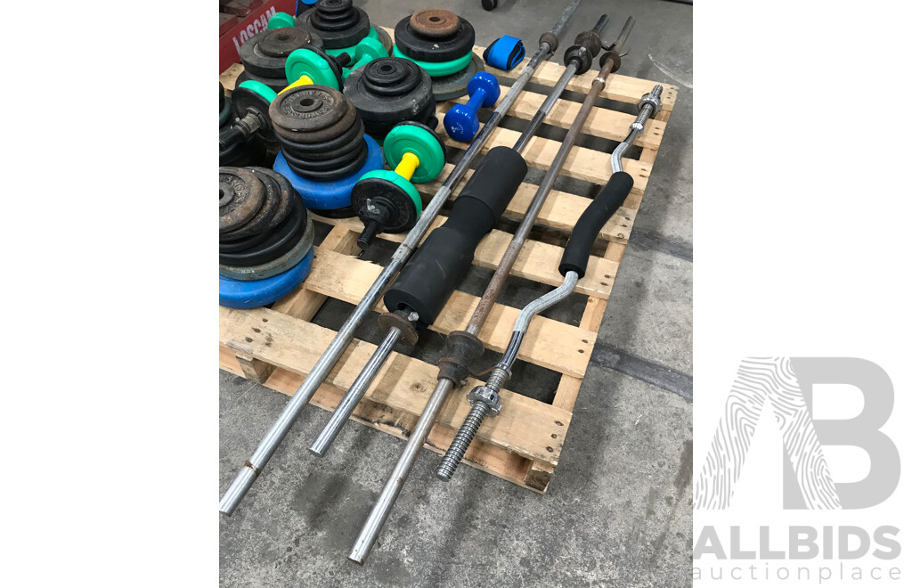 Pallet Lot of Weight Plates, Dumbbells, and Weightlifting/Fitness Bars