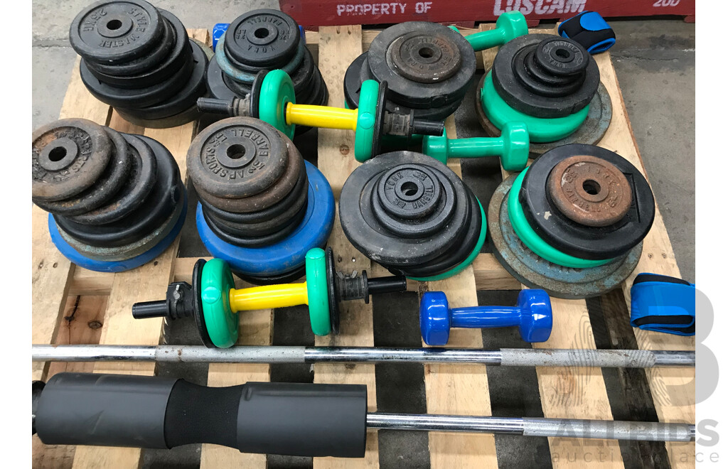 Pallet Lot of Weight Plates, Dumbbells, and Weightlifting/Fitness Bars