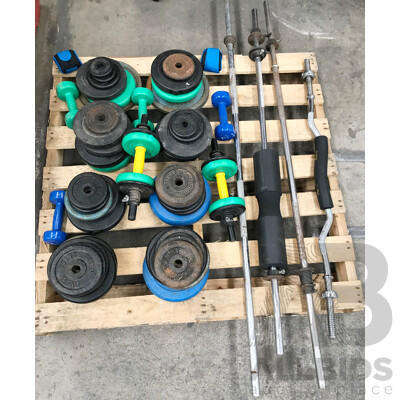 Pallet Lot of Weight Plates, Dumbbells, and Weightlifting/Fitness Bars