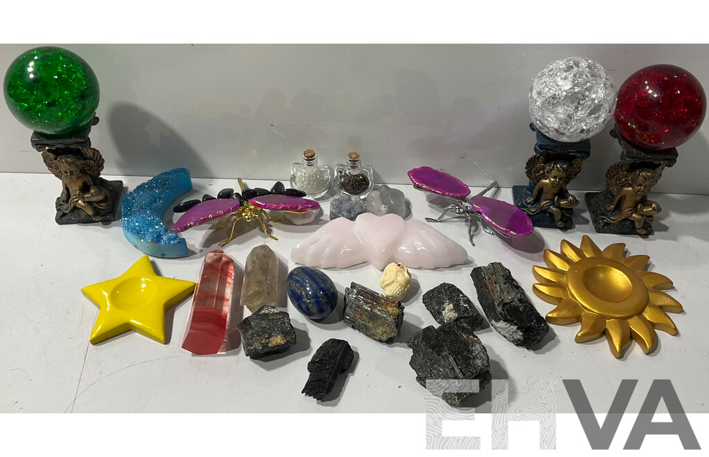 Collection of Various Decorative Crystals, Animals, Crystal Ball Stands, Rocks and More