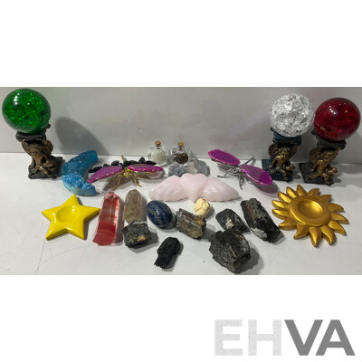 Collection of Various Decorative Crystals, Animals, Crystal Ball Stands, Rocks and More