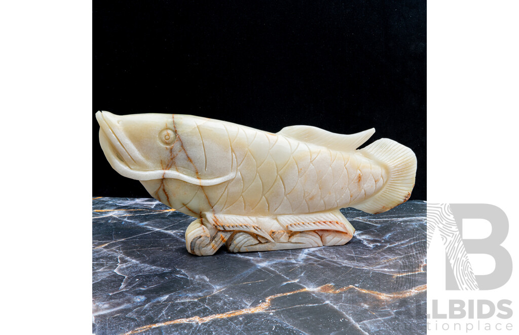 Large Carved Onyx Lucky Carp Statue with Ornate Base