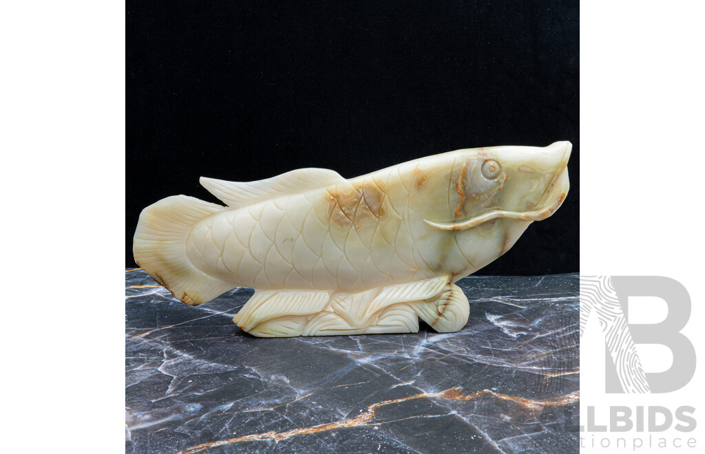 Large Carved Onyx Lucky Carp Statue with Ornate Base
