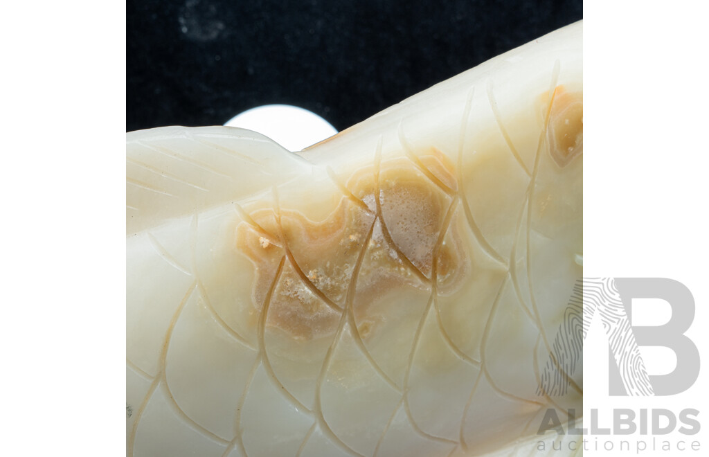 Large Carved Onyx Lucky Carp Statue with Ornate Base