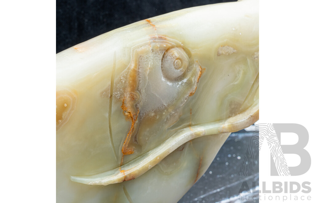 Large Carved Onyx Lucky Carp Statue with Ornate Base