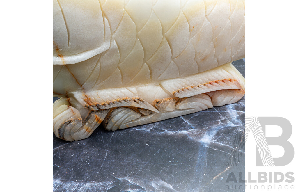 Large Carved Onyx Lucky Carp Statue with Ornate Base