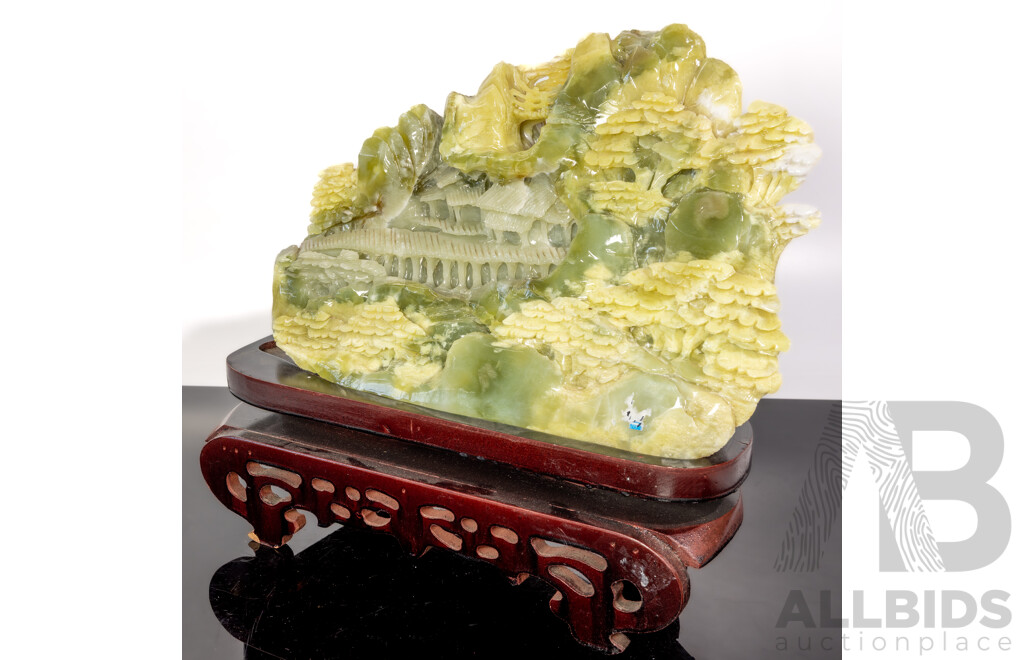 Large Carved Chinese Polished  Mountain Scene on Carved Wooden Stand