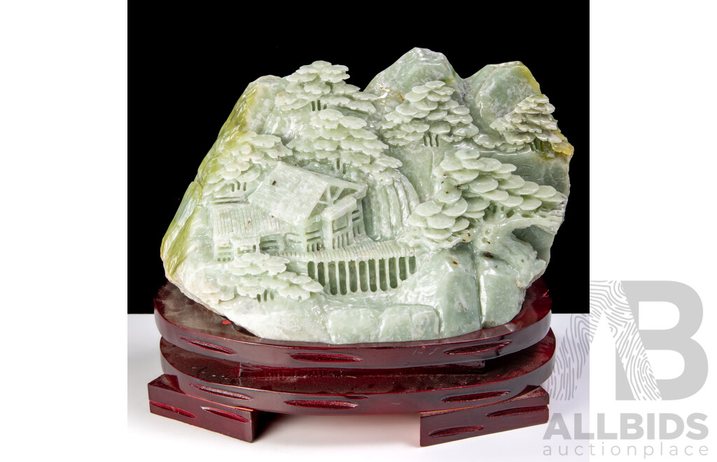 Large Carved Chinese Polished Green Serpentine Mountain Scene on Carved Wooden Stand