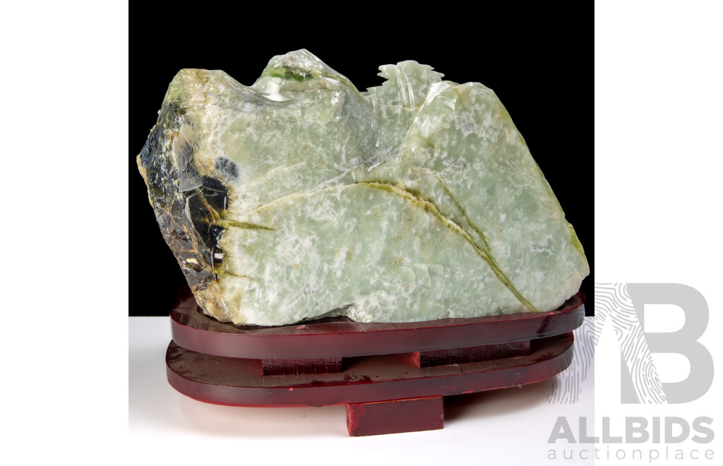 Large Carved Chinese Polished Green Serpentine Mountain Scene on Carved Wooden Stand