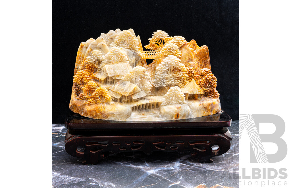 Large Carved Chinese Polished Softstone Mountain Scene on Carved Wooden Stand