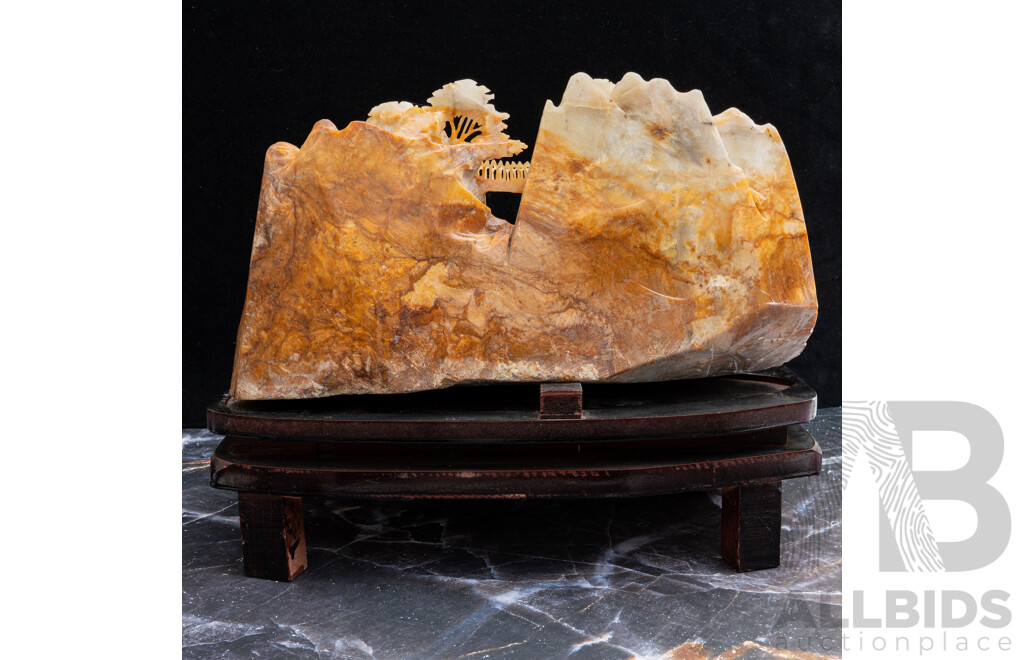 Large Carved Chinese Polished Softstone Mountain Scene on Carved Wooden Stand