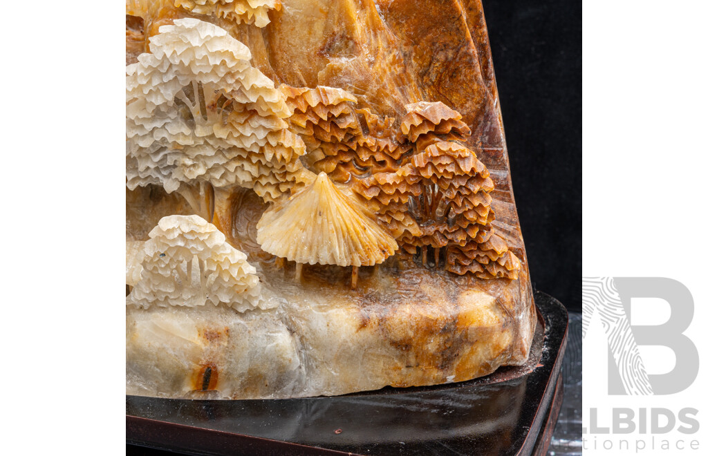 Large Carved Chinese Polished Softstone Mountain Scene on Carved Wooden Stand
