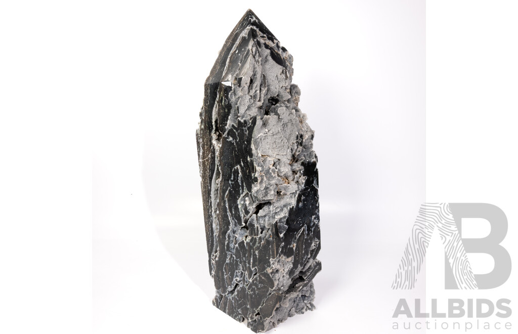 Impressive Large Polished Black Stone Obelisk with Crystal Cluster Veins and Inclusions