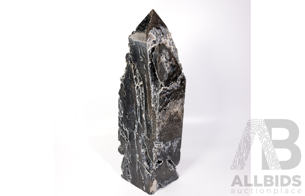 Impressive Large Polished Black Stone Obelisk with Crystal Cluster Veins and Inclusions