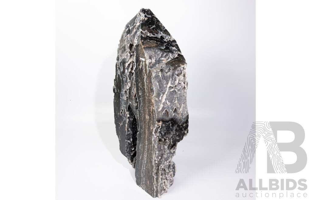 Impressive Large Polished Black Stone Obelisk with Crystal Cluster Veins and Inclusions