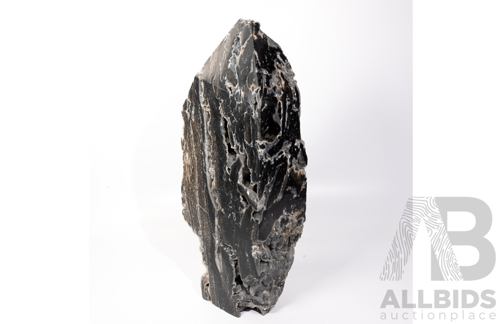 Impressive Large Polished Black Stone Obelisk with Crystal Cluster Veins and Inclusions