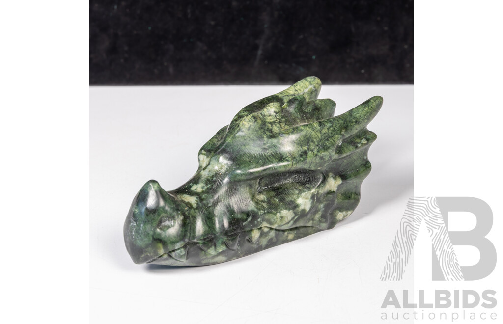Carved Dark Green Soft Stone Dragons Skull Figure