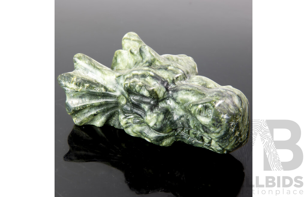 Carved Marbled Green Soft Stone Dragons Skull Figure