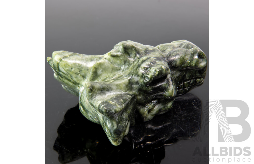 Carved Marbled Green Soft Stone Dragons Skull Figure