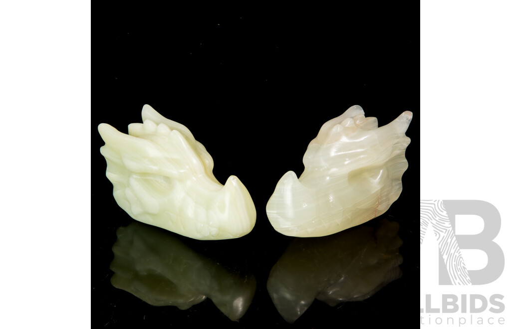 Pair Carved Green Onyx Stone Dragons Skull Figures