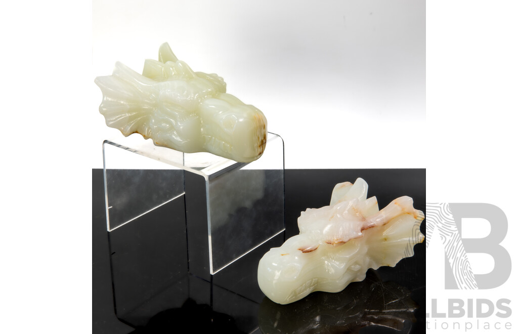 Pair Carved Green Onyx Stone Dragons Skull Figures