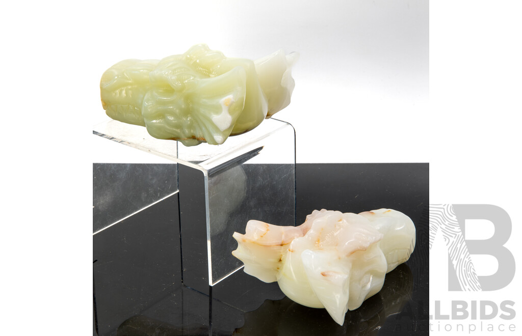 Pair Carved Green Onyx Stone Dragons Skull Figures