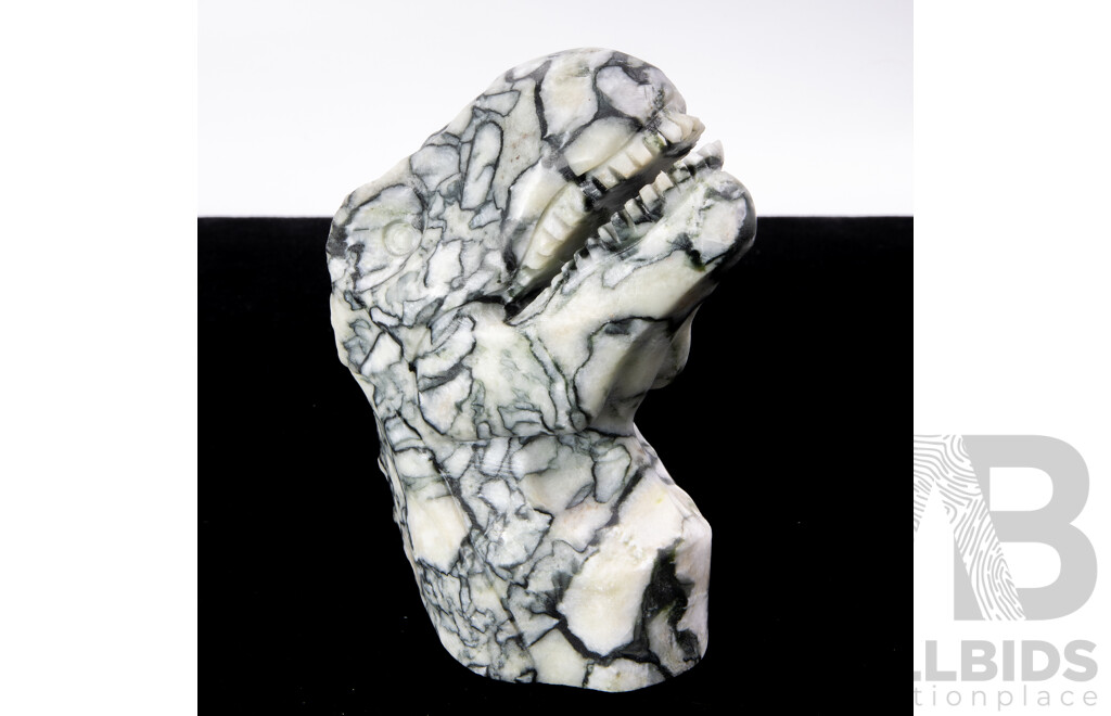 Carved Spotted Marble Dinosaur Tyrannosaurus Bust Figure