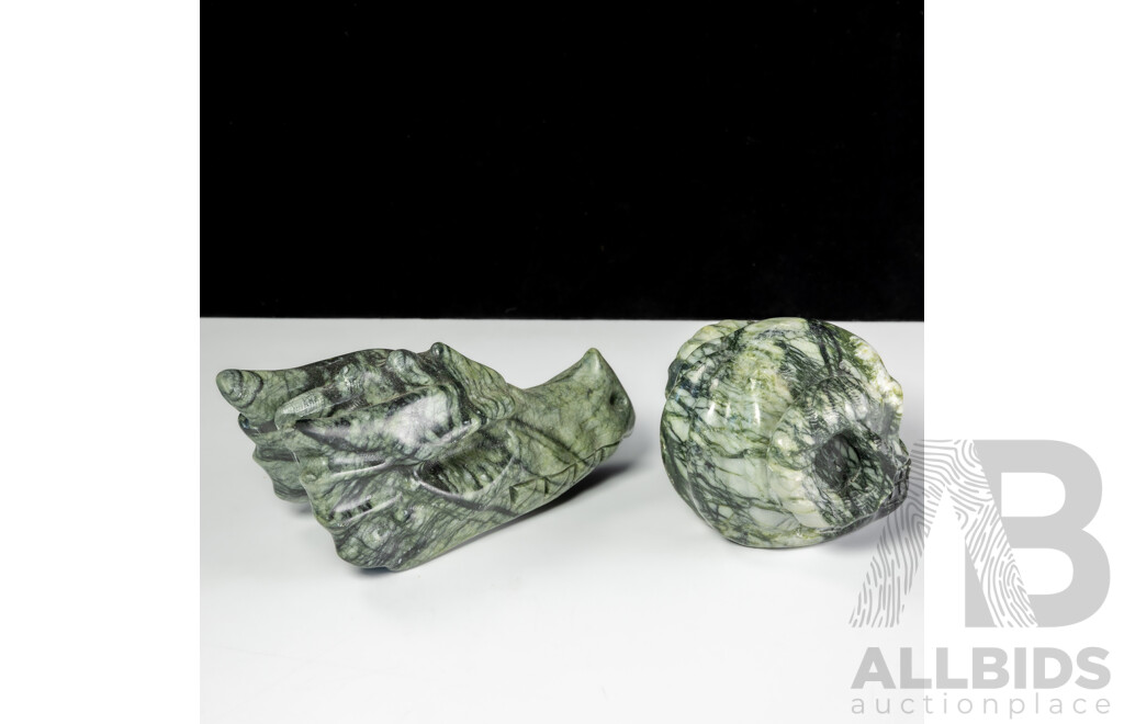 Carved Green Soft Stone Horned Deaths Head Bust Along with Carved Green Soft Stone Dragon Skull Figure