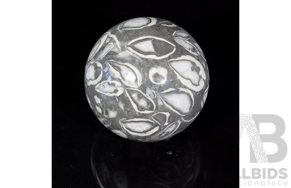 Carved Polished Stone Sphere with White Quartz Inclusions
