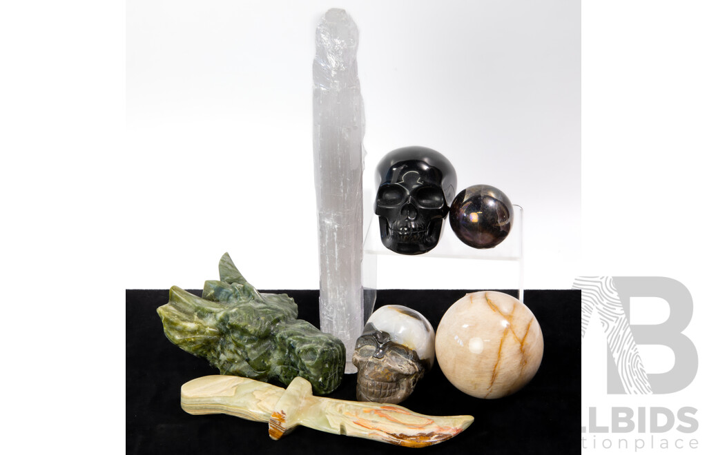 Collection Carved Polished Stone Pieces Including Two Memento Mori Skulls, Ceremonial Knife and More