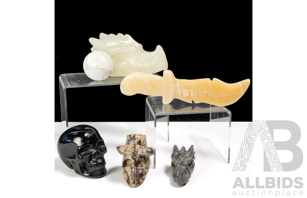 Collection Carved Polished Stone Pieces Including Two Memento Mori Skulls, Ceremonial Knife and More