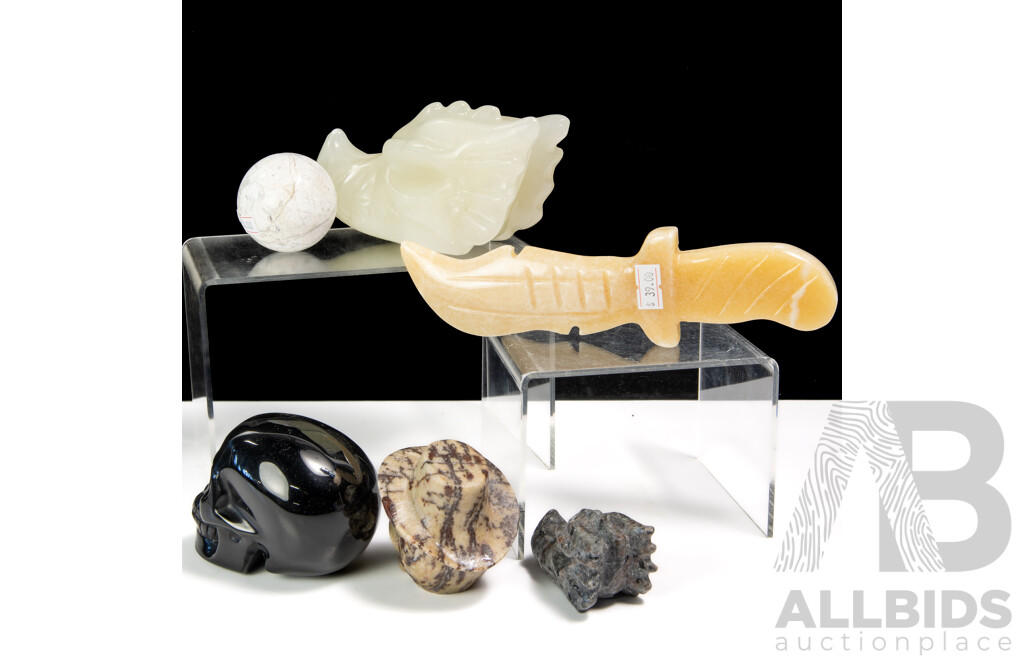 Collection Carved Polished Stone Pieces Including Two Memento Mori Skulls, Ceremonial Knife and More