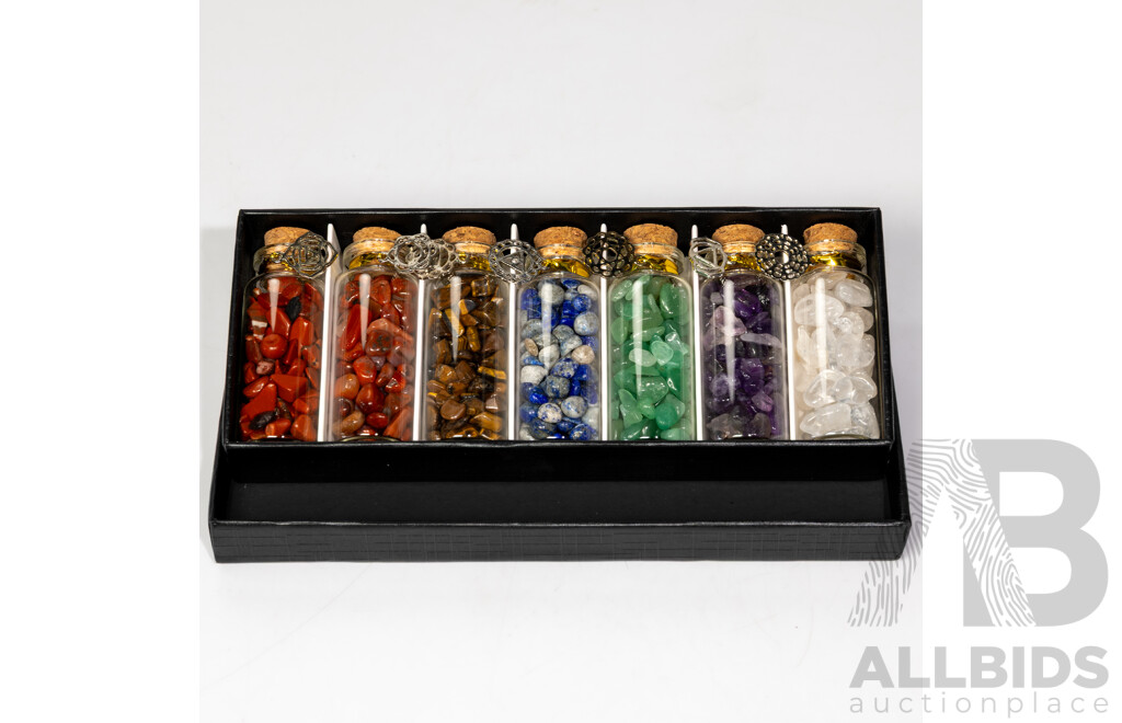 Collection Polished Stone Mineral Specimens in Glass Vials Including Lapis Lazuli, Tigers Eye, Amethyst and More