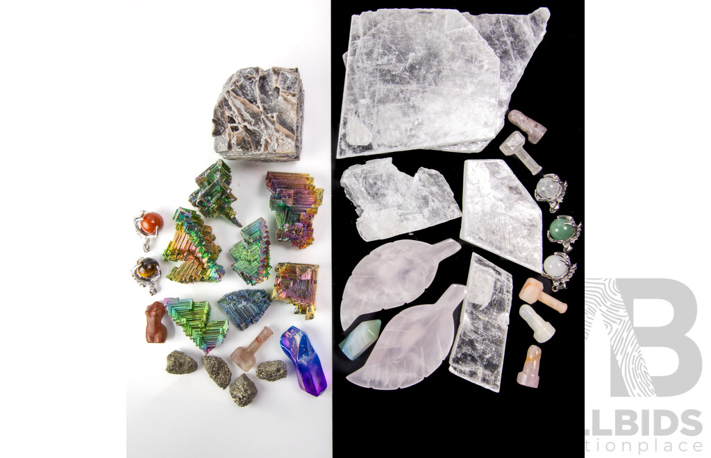 Collection Mineral Specimens Including Claw Set Pendant Spheres, Selenite Windows, Iron Pyrites and More