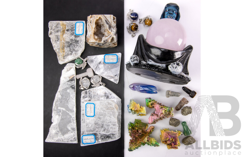 Collection Mineral Specimens Including Claw Set Pendant Spheres, Selenite Windows, Iron Pyrites and More