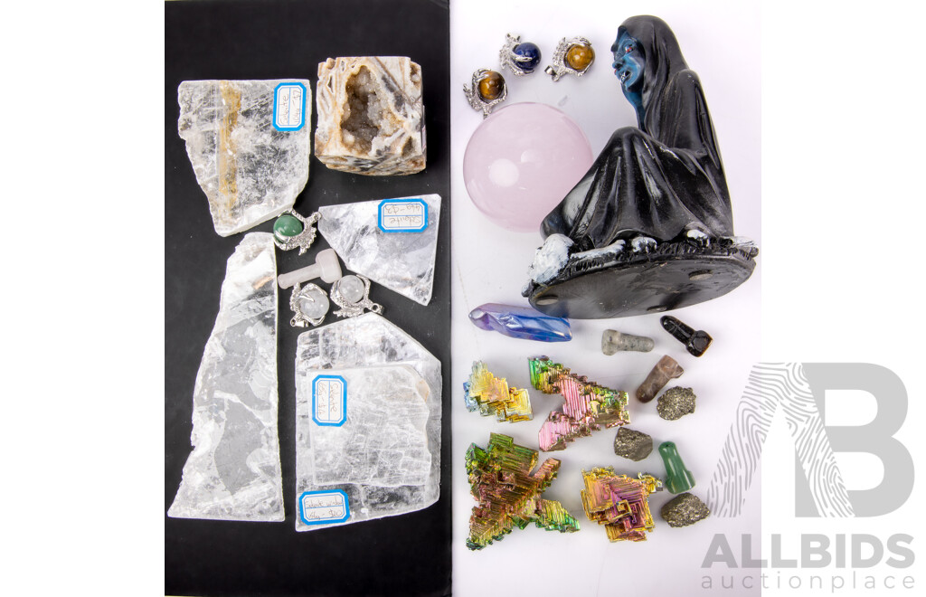 Collection Mineral Specimens Including Claw Set Pendant Spheres, Selenite Windows, Iron Pyrites and More