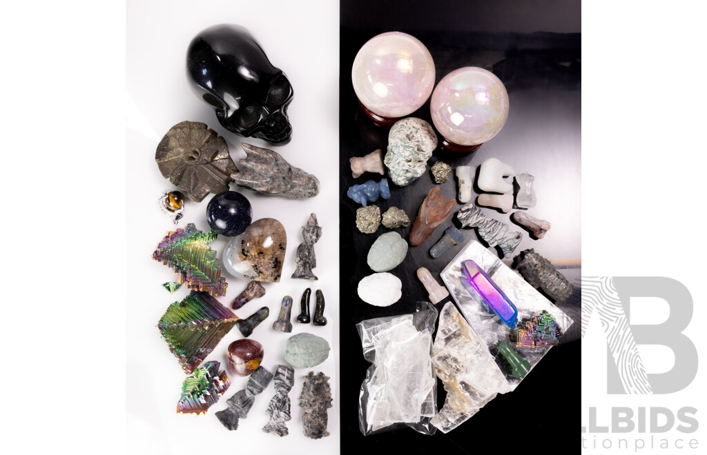 Collection Mineral Specimens Including Claw Set Pendant Spheres, Selenite Windows, Iron Pyrites and More
